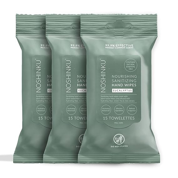 Noshinku Eucalyptus Hand Sanitizer Wipes, 3-Pack (45 Towelettes) – Resealable Travel Wipes with... | Amazon (US)