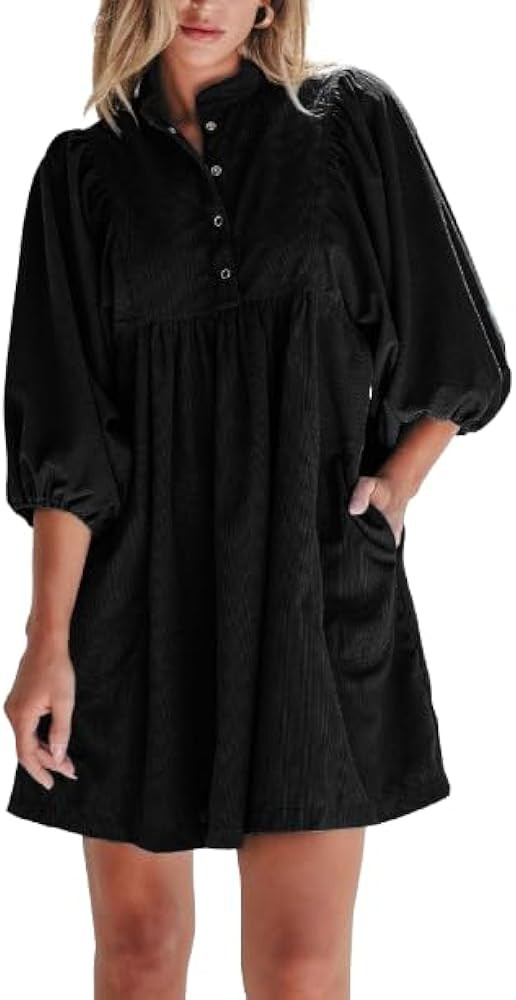 Womens Casual Dresses Corduroy Button Up Empire Waist 3/4 Sleeve Fall Winter Mini Babydoll Dress | Amazon (US)