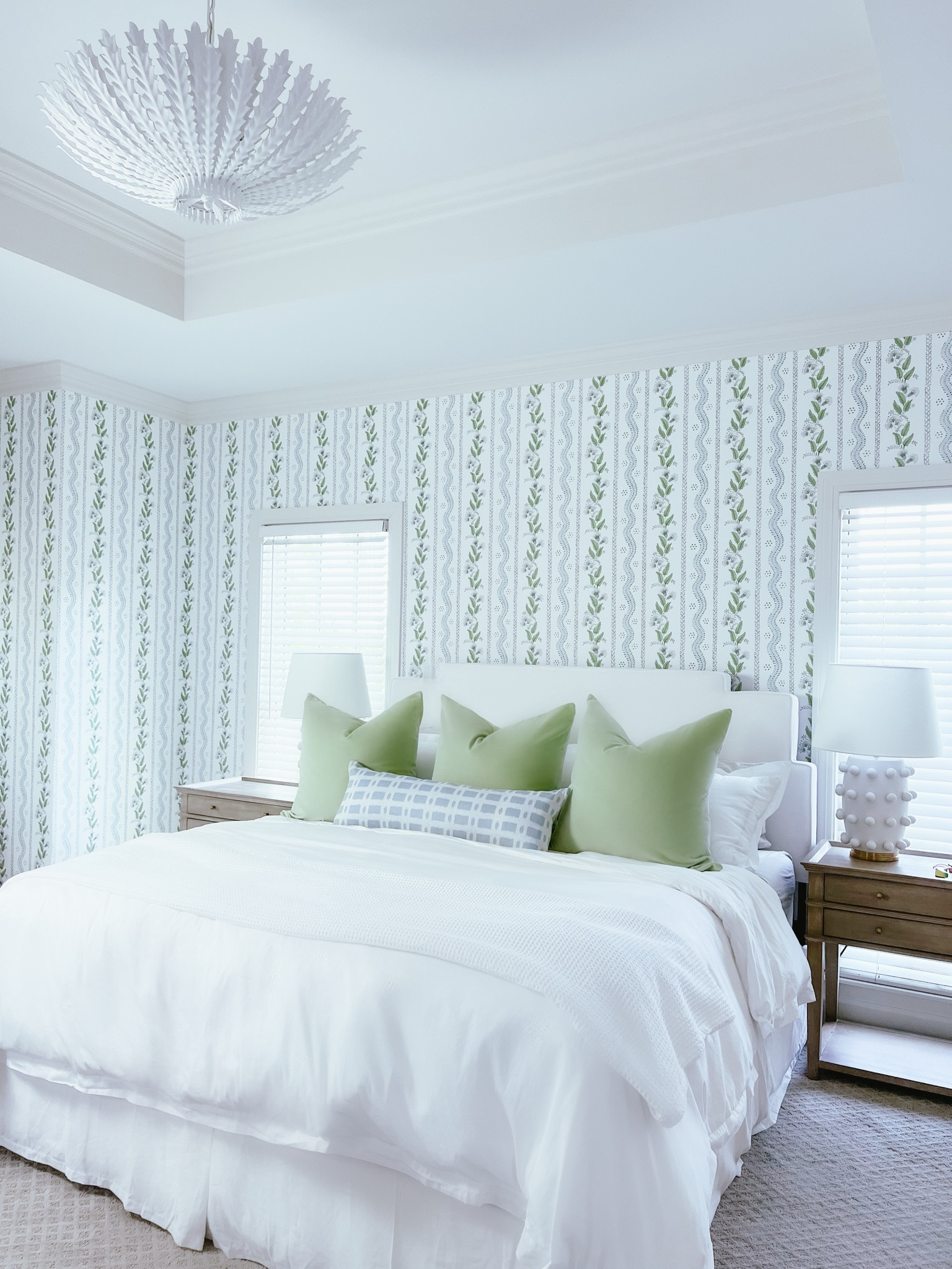 All of our exact bedding and bedroom furniture is linked here!

Grandmillennial bedroom decor blue green white lamp lighting duvet set sheets pillows green velvet lumbar pillow designer chandelier bedside table nightstand wallpaper 

#LTKunder50 #LTKstyletip #LTKhome