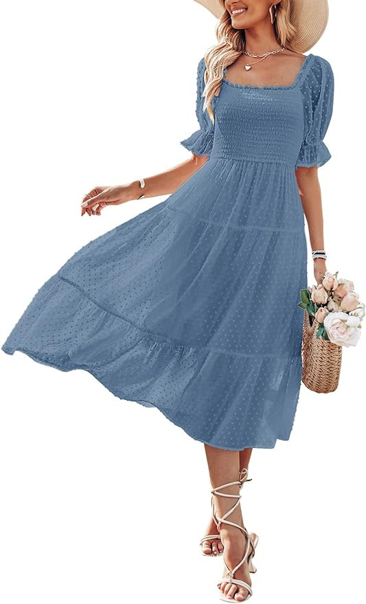 MEROKEETY Women's Summer Square Neck Puff Sleeve Boho Midi Dress Swiss Dot Ruffle Flowy Tie Back ... | Amazon (US)