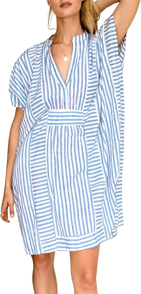 chouyatou Womens Summer Loose Stripe Beach Dress Cover Ups Casual Batwing Sleeve Midi Tunic Shirt... | Amazon (US)