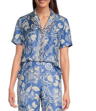 Floral Print Silky Collar V-Neck Short Sleeve Coordinating Top | Dillard's
