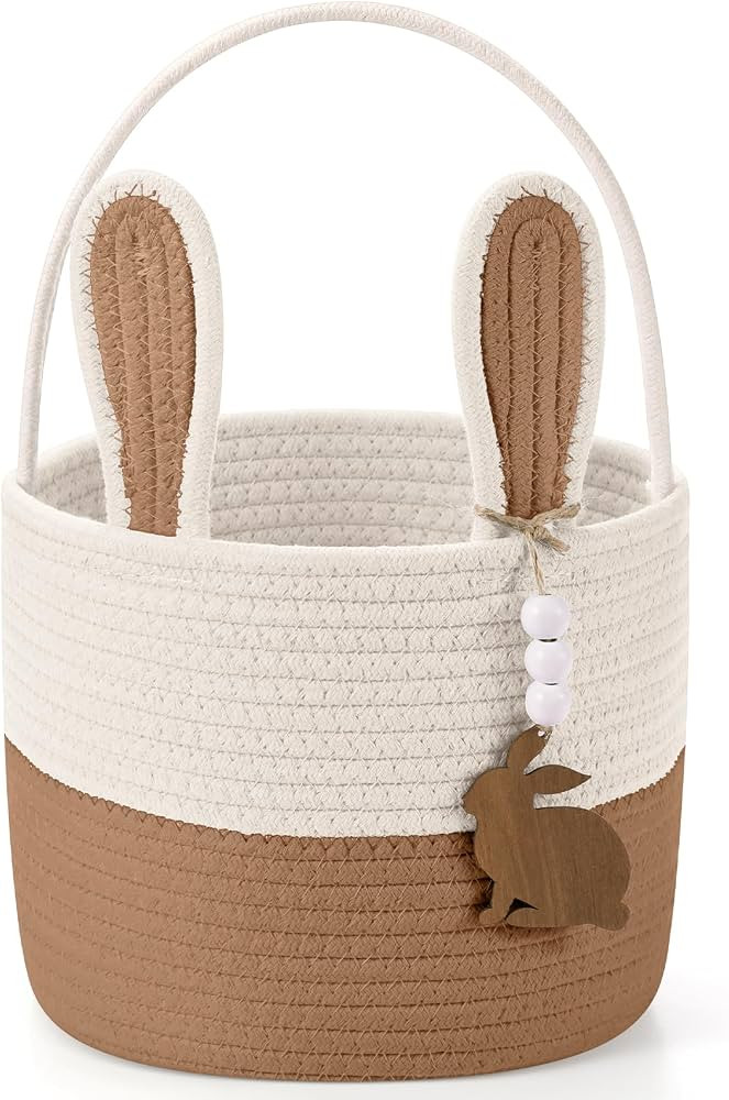Easter Baskets Easter Bunny Basket with Name Tag Rabbit Ear Basket Rustic Woven Round Blanket Sto... | Amazon (US)