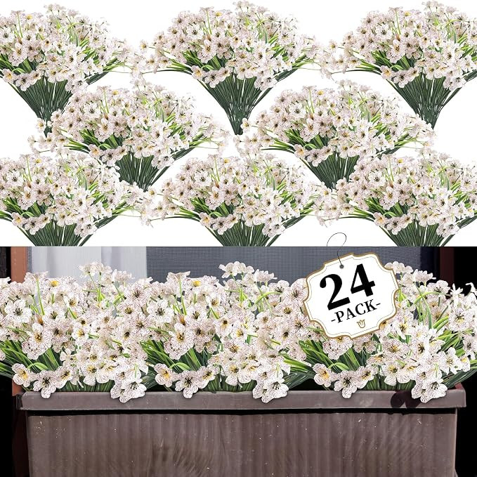 24 White Bundles Artificial Flowers for Outdoors/Indoors Fake Flowers Plants for Indoor Outside G... | Amazon (US)