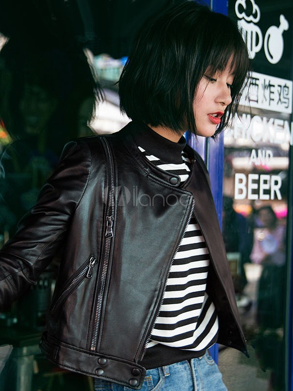 Black Leather Jacket Long Sleeve Round Neck Short Moto Jackets For Women | Milanoo
