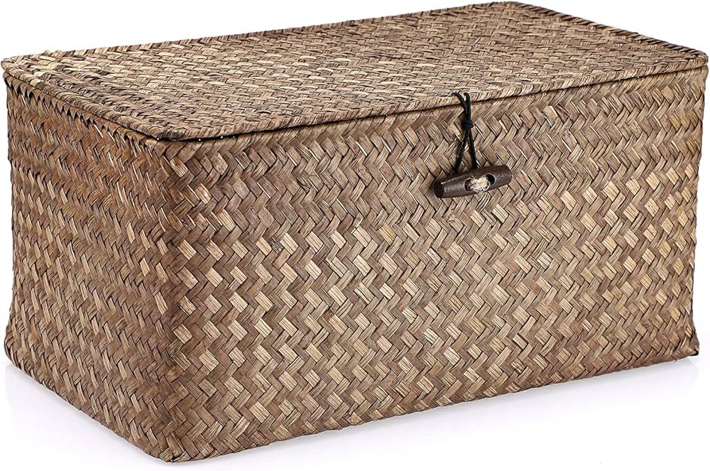 Hipiwe Wicker Shelf Baskets Bin with Lid, Handwoven Seagrass Basket Storage Bins Rectangular Hous... | Amazon (US)