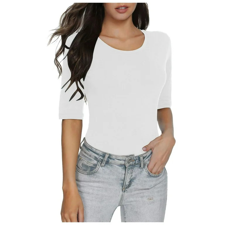 Tshirts For Women Trendy Slim Fit Elbow Sleeved Crew Neck Solid Color Basic Tee Shirts Women Shir... | Walmart (US)