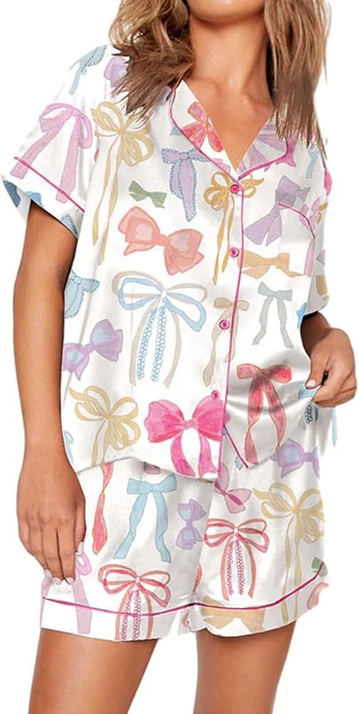 Miqil Women's Cute Bow Knot Pajama Set Lapel Collar Button Down Short Sleeve Shirt High Waist Sho... | Amazon (US)