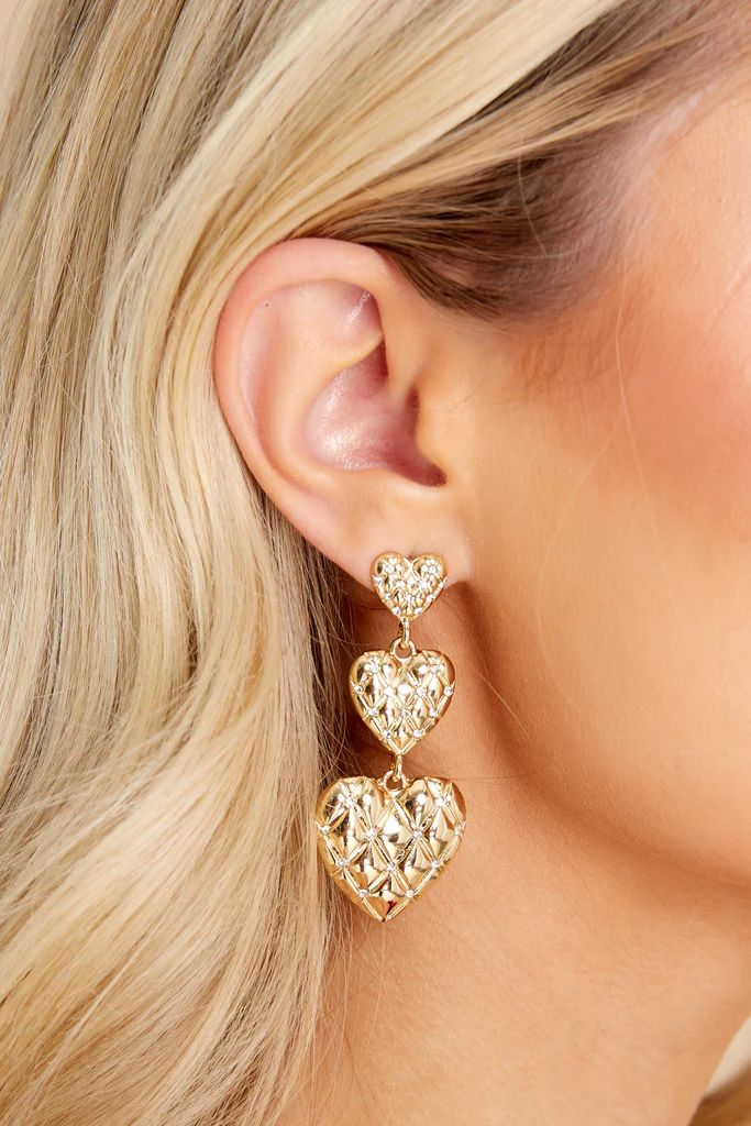 Embellished Heart Gold Earrings | Red Dress 