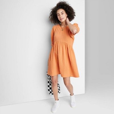 Women's Ascot + Hart Puff Elbow Sleeve Graphic A-Line Dress - Orange | Target