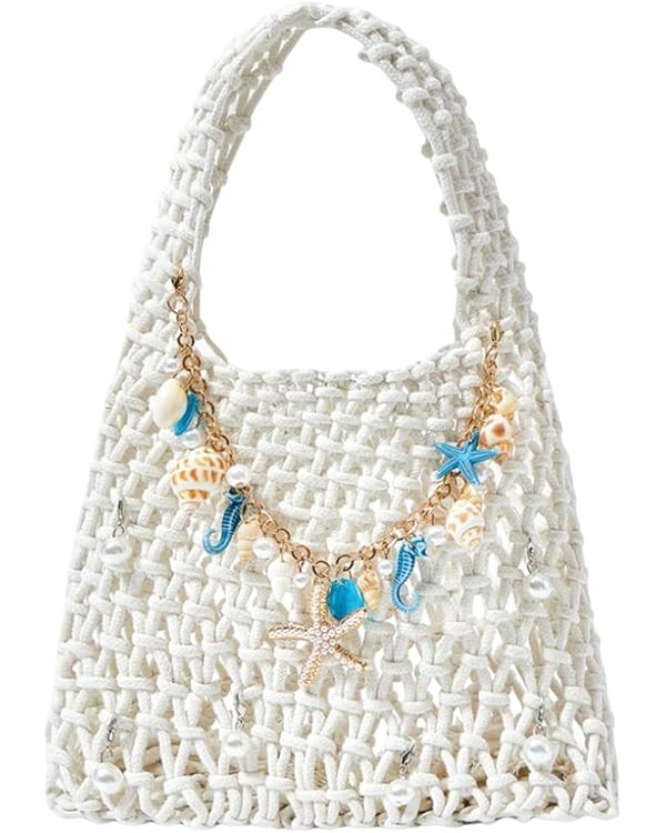 OYOANGLE Women's Starfish Chain Crochet Tote Bag Hollow Out Top Handle Shoulder Handbags | Amazon (US)