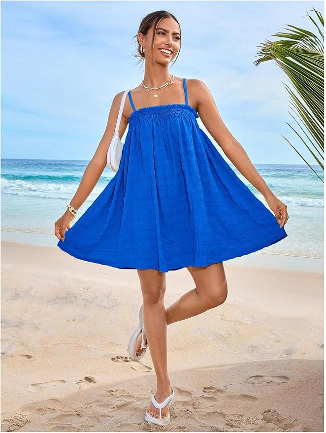 MakeMeChic Women's Casual Sleeveless Summer Cami Dress Ruffle Swing Shirred Mini Short Dress | Amazon (US)