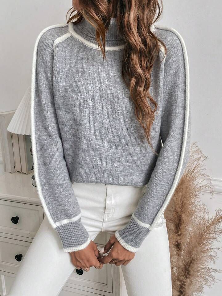 SHEIN LUNE Contrast Binding Turtleneck Raglan Sleeve Sweater | SHEIN
