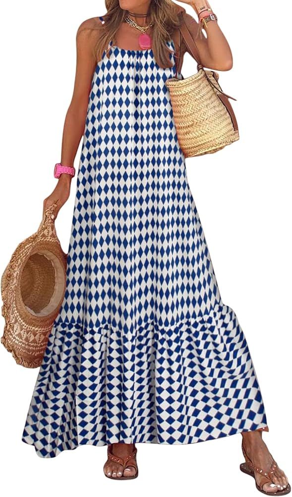 Women 's Summer Spaghetti Straps Bohemian Long Dress Casual Sleeveless Backless Loose Flowy Hem B... | Amazon (US)