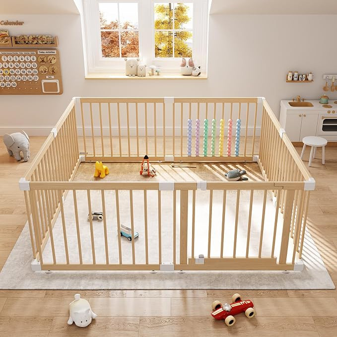 Large Wooden Baby Playpen - Size Adjustable Fence for Babies and Toddlers, Baby Play Yard with Lo... | Amazon (US)