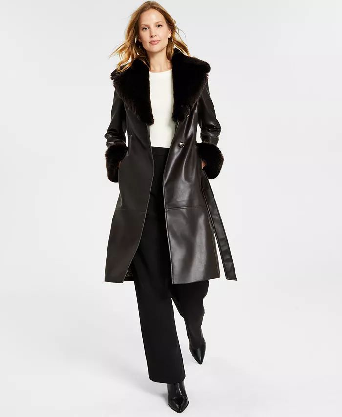 Via Spiga Women's Faux-Leather Faux-Fur-Trim Trench Coat - Macy's | Macy's