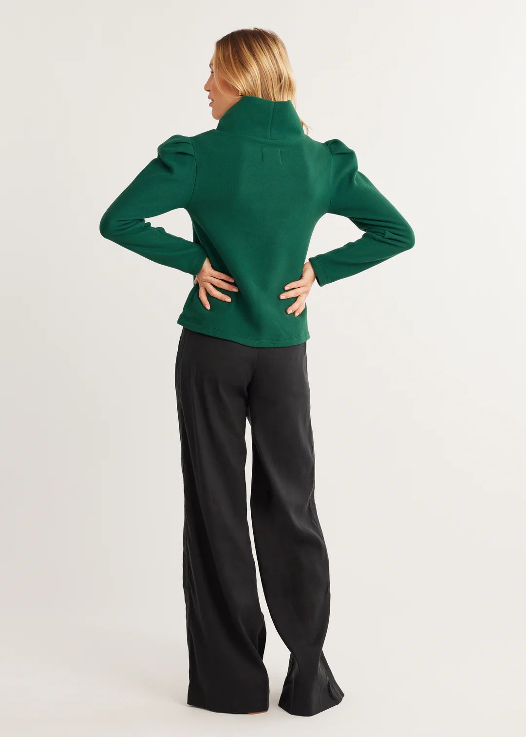 Palmer Puff Sleeve Turtleneck in Vello Fleece (Emerald) | Dudley Stephens