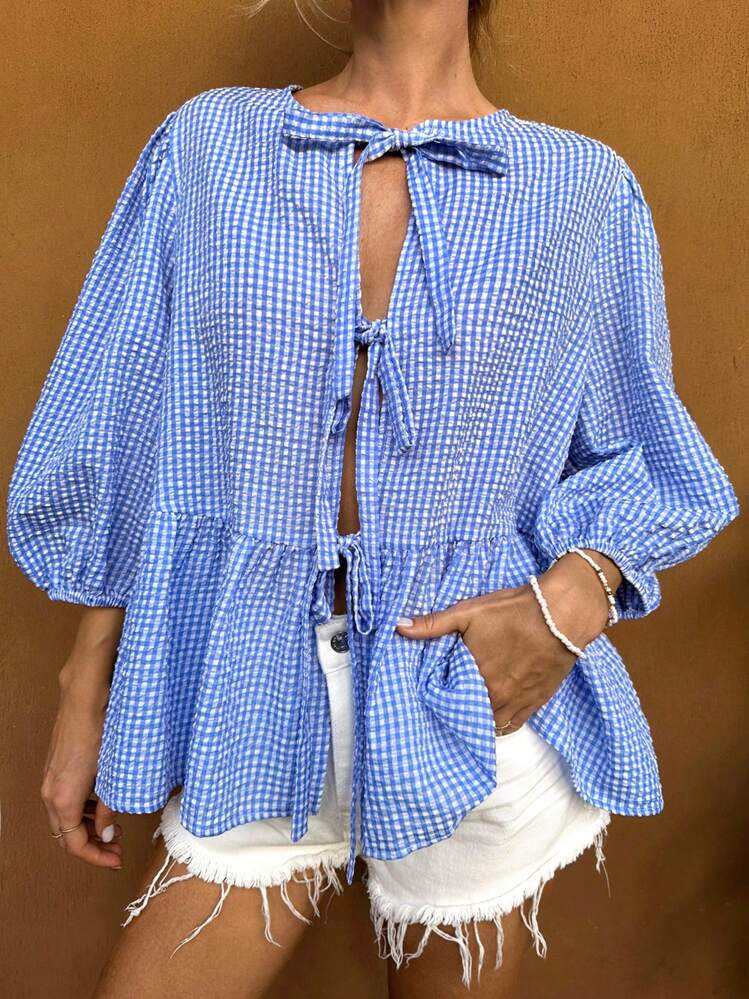 Forever 21 Plaid Light Blue Lace-Up Puffy Sleeves Shirt Women's Cardigan, Puff Sleeve Shirt, Wome... | SHEIN