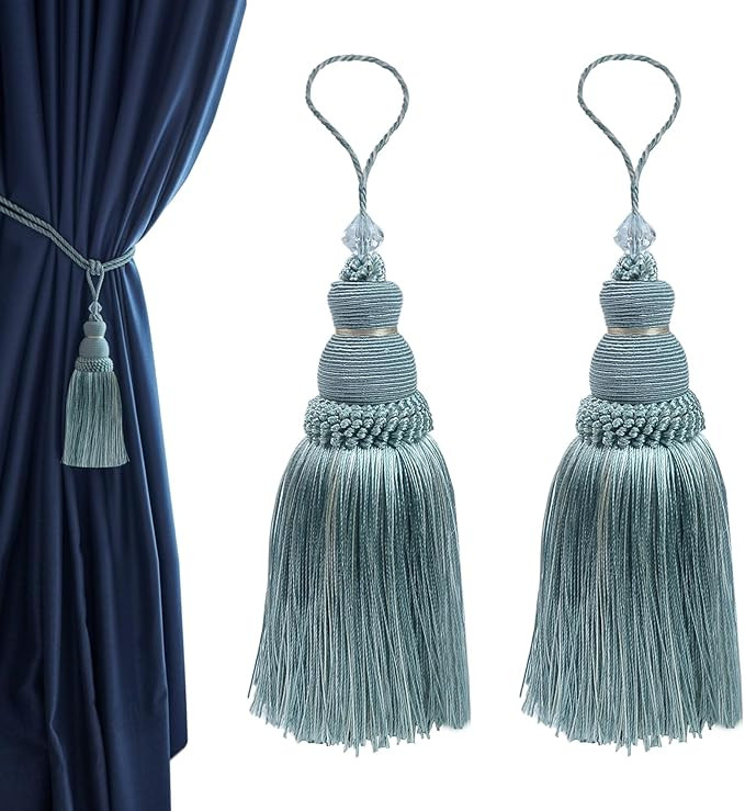 2Pcs 9.2 Inch Curtain Tassel Tiebacks for Cabinets, Door Knobs(Haze Blue) | Silky Fringe Terylene... | Amazon (US)