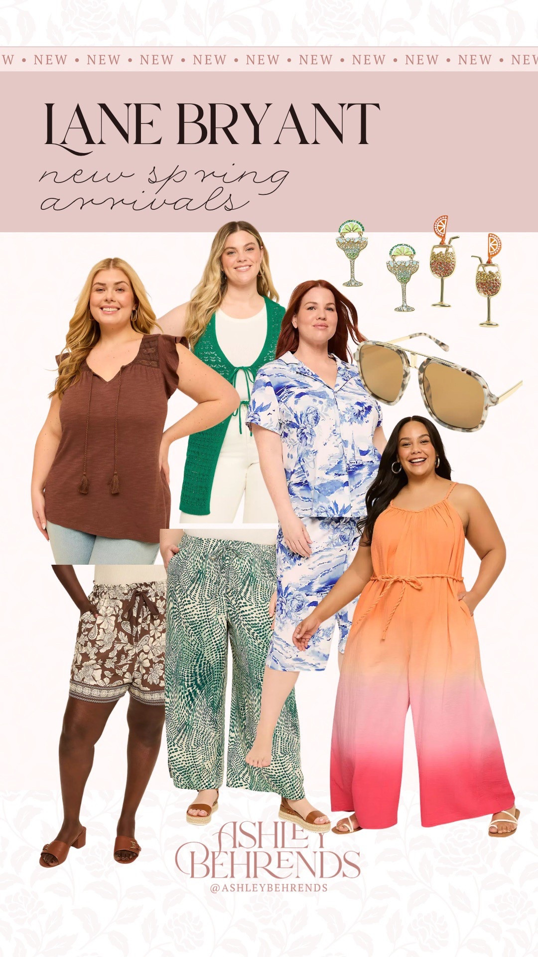 @Lane Bryant just added a ton of new cute spring and summer finds online and I am completely obsessing over these. So many cute pieces for a girls day, brunch, beach day and cute pajamas! How fun are these fruity drink themed earrings 🍉 🍹?! Also, nearly all of these are a door buster and great price. 
Lane Bryant summer finds, crochet top, sunset jumpsuit, brown and beige skirt