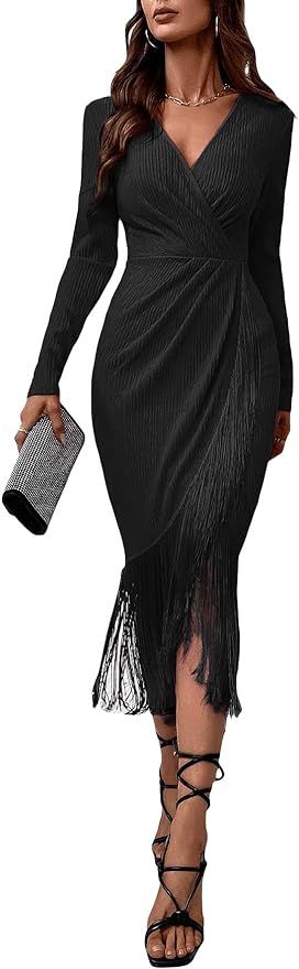 WDIRARA Women's Fringe Wrap Ruched V Neck Long Sleeve Solid Bodycon Party Maxi Dress | Amazon (US)