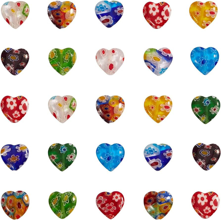 UR URLIFEHALL 66 Pcs Lovely Heart Shape Millefiori Lampwork Glass Beads Flat Heart Glass Beads fo... | Amazon (US)