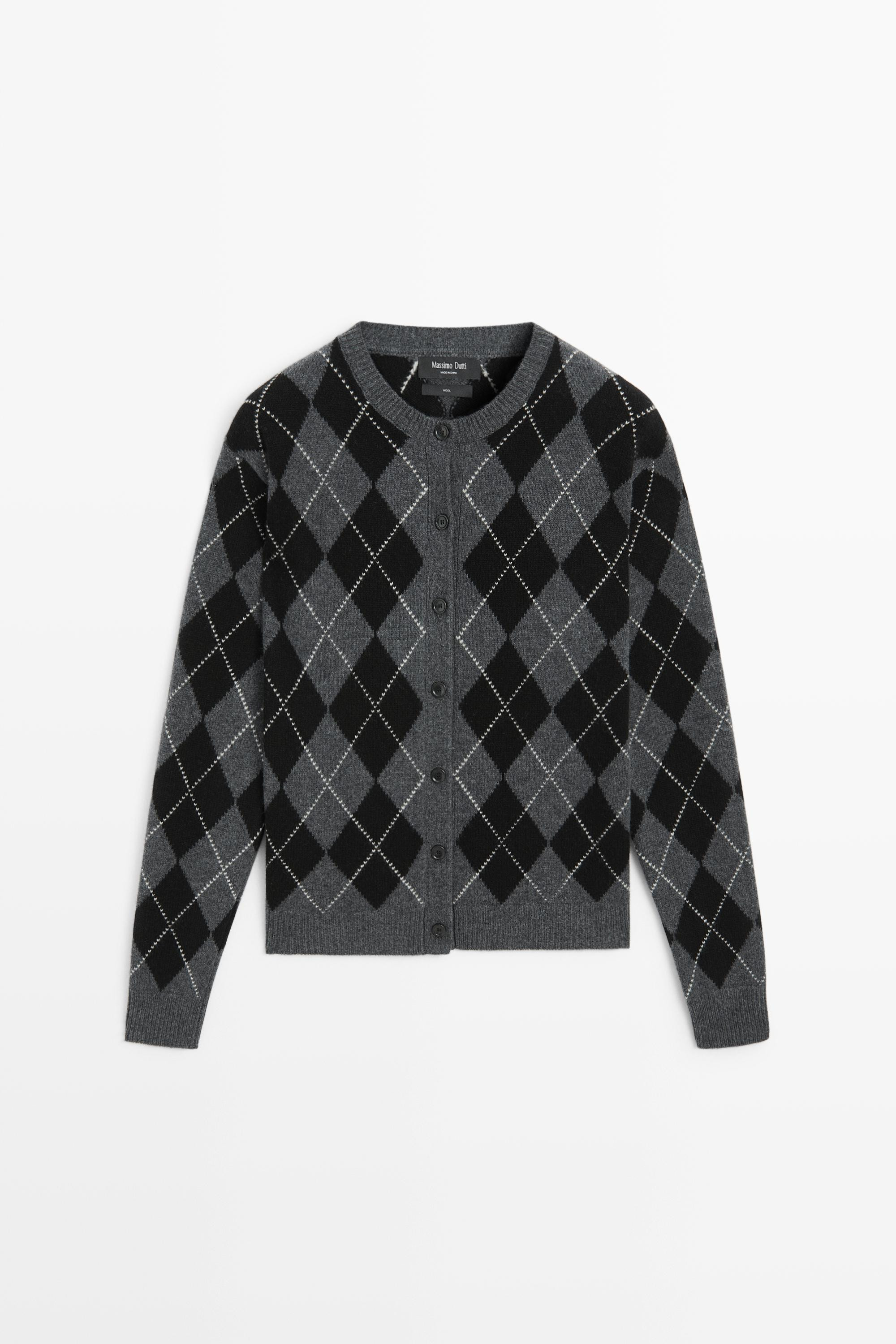 100% wool argyle knit cardigan - DARK GREY | Massimo Dutti UK