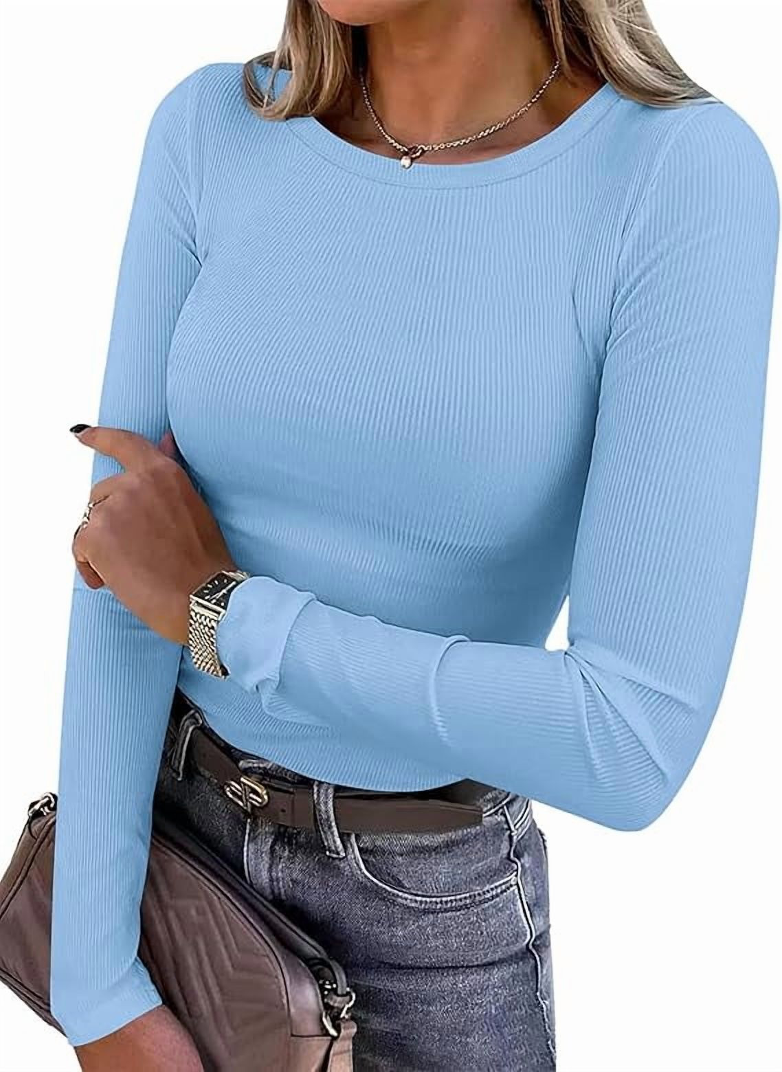 PRETTYGARDEN Women Summer Long Sleeve Shirts Ribbed Knit Crewneck Fitted Basic Tee Going Out Tops... | Walmart (US)