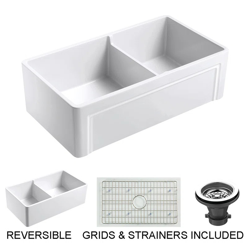 Retta 33" L x 18" W Double Basin Farmhouse Kitchen Sink With Grid and Strainer | Wayfair North America