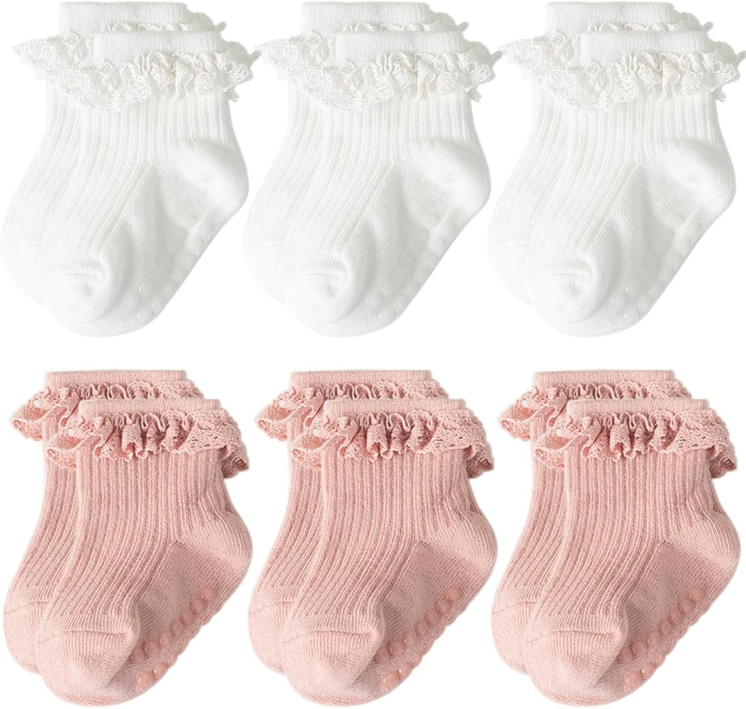 Baby Girl Toddlers Socks with Non-slip Grip Cute Frilly Ruffle Ankle Soft Cotton Newborn Baby Soc... | Amazon (US)