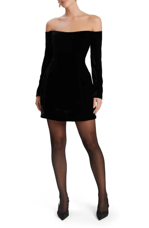 Bardot Nadene Long Sleeve Off the Shoulder Velvet Minidress in Black at Nordstrom, Size 6 | Nordstrom