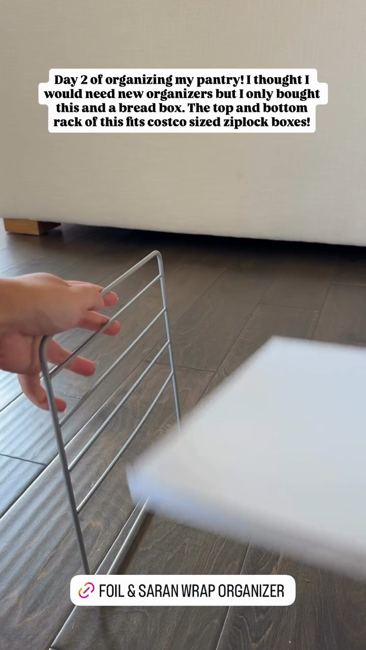FOIL & SARAN WRAP ORGANIZER! Day 2 of organizing my pantry! I thought I would need new organizers but I only bought this and a bread box. The top and bottom rack of this fits costeo sized ziplock boxes!