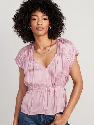 Waist-Defined Satin Shirred Tie-Front Blouse for Women | Old Navy (US)