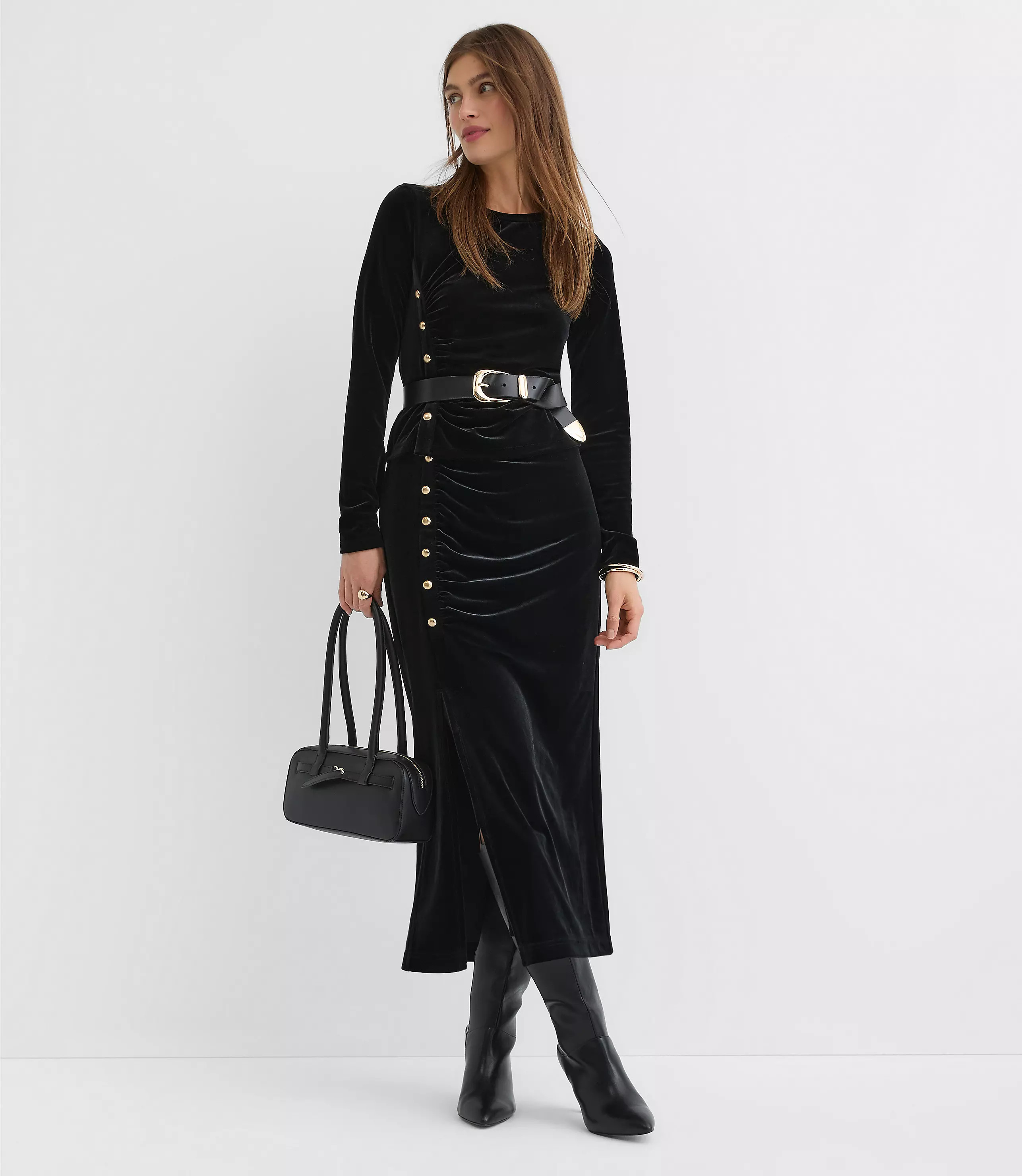 Velvet Ruched Button Midi Skirt | LOFT