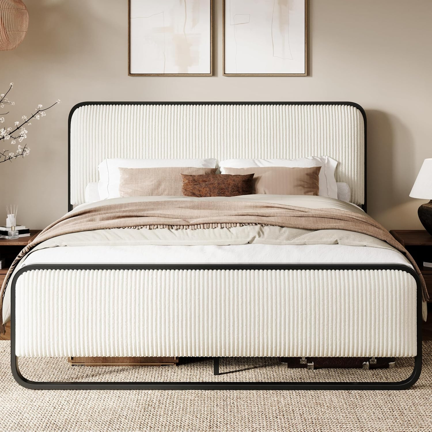 SHA CERLIN Queen Size Metal Bed Frame with Upholstered Headboard, Cream | Amazon (US)