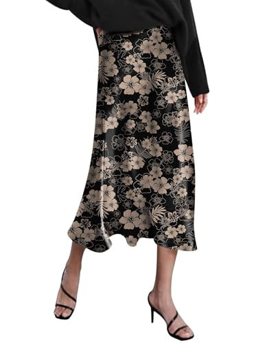 Zeagoo Fall Midi Skirts for Women Satin Zipper High Waist Skirts Floral Skirts for Women Trendy M | Amazon (US)