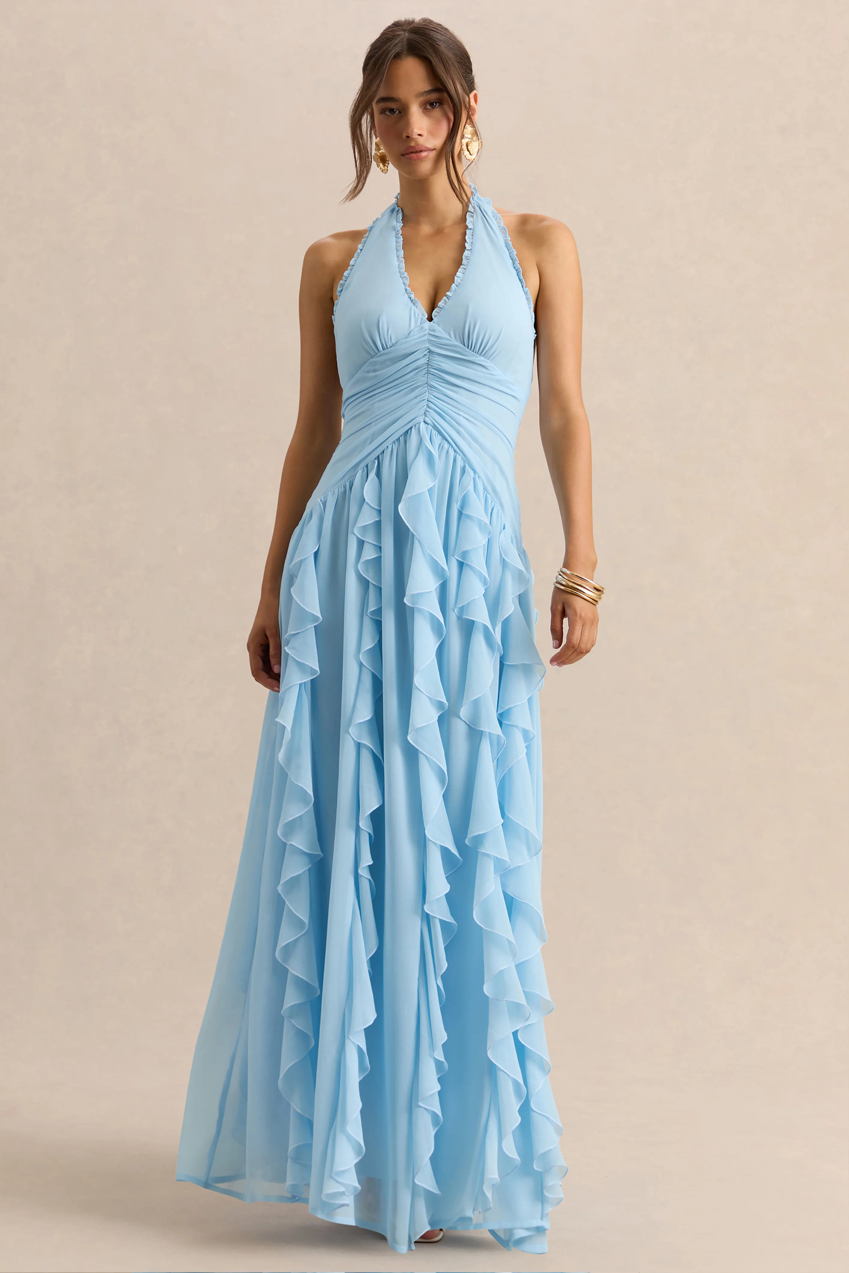 Bea | Powder Blue Plunge-Neck Ruffled Maxi Dress | Club L London