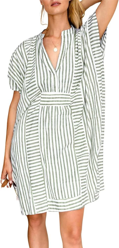 chouyatou Womens Summer Loose Stripe Beach Dress Cover Ups Casual Batwing Sleeve Midi Tunic Shirt... | Amazon (US)