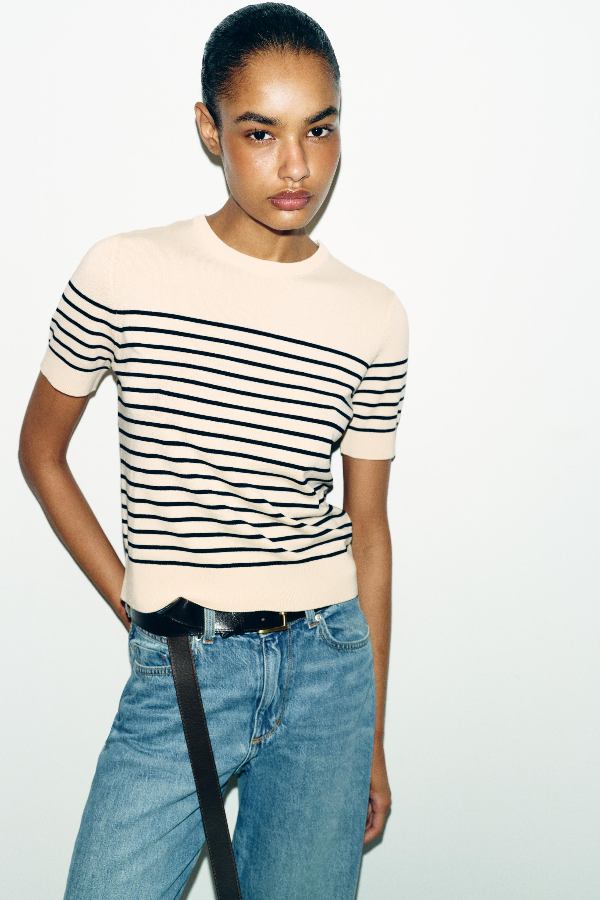 STRIPED SHORT SLEEVE KNIT JUMPER | Zara US