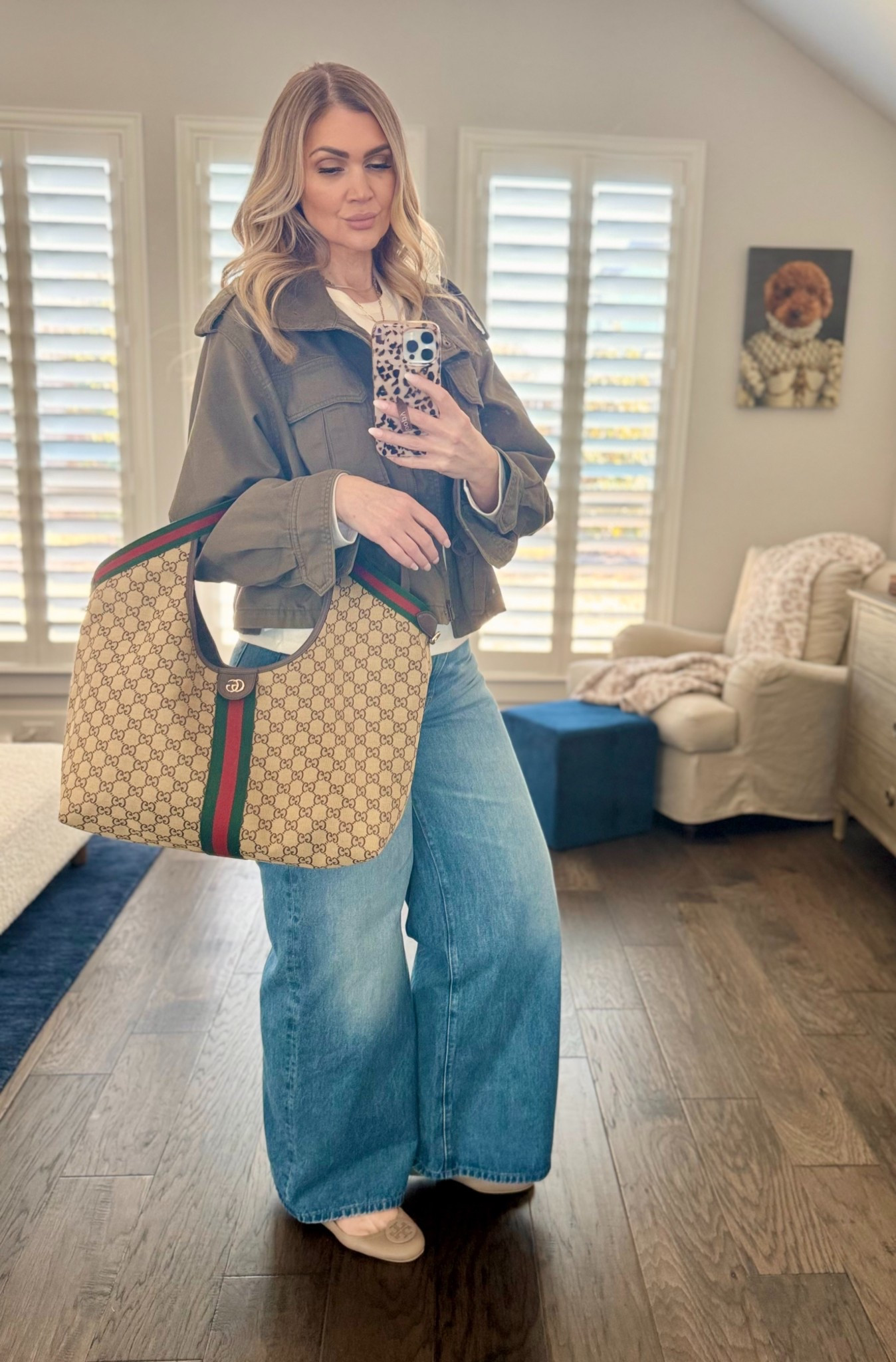 #gucci and my ootd! Wide leg jeans, white tee, military style jacket

#LTKMidsize #LTKgrwm #LTKootd
