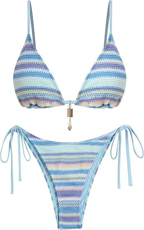 ZAFUL Crochet Bikini Sets for Women Cheeky Boho Bathing Suits Striped Brazilian High Cut Thong Bi... | Amazon (US)