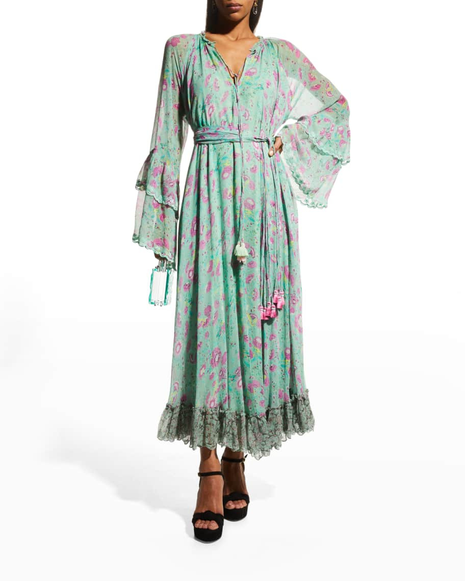 Hemant & Nandita Hera Crinkle Chiffon Midi Dress  With Tie Up Belt | Neiman Marcus