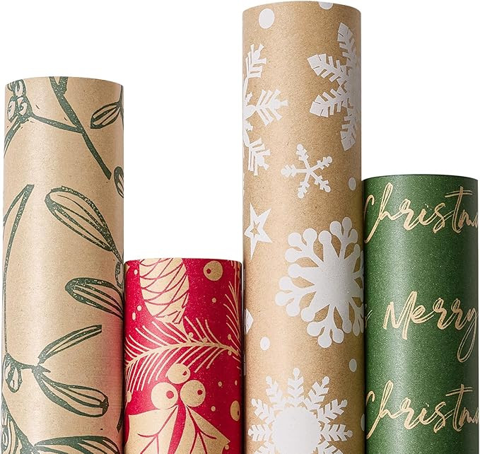 YANGTE Vintage Recyclable Christmas Wrapping Paper Rolls, Brown Kraft Wrapping Paper with Red and... | Amazon (US)