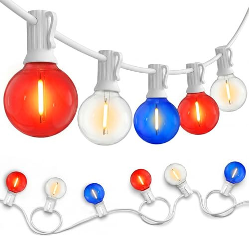 SUNSGNE 4th of July Decorations G40 LED Outdoor String Lights, 50FT Globe String Lights with 25 LED Red White and Blue Lights for Patriotic Memorial Day Decor, E12 Socket Base, White Wire | Amazon (US)