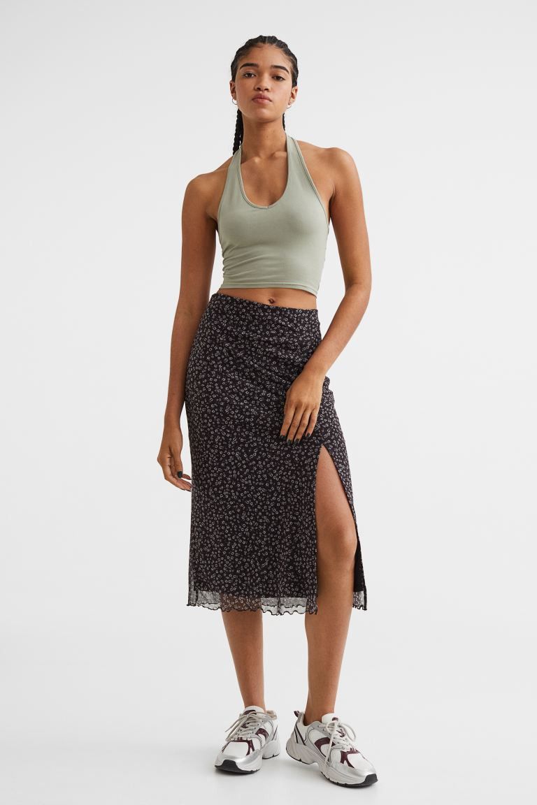 Patterned Mesh Skirt | Long Black Skirt Outfit | Midi Skirt Outfit | Work Outfit | H&M (US + CA)