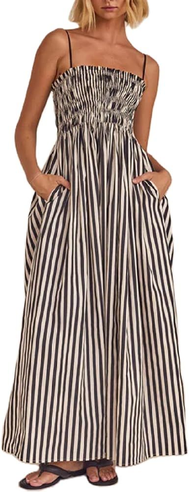 KMBANGI Women Striped Sleeveless Maxi Dress Swing Aline Midi Dress Backless Smocked Spaghetti Str... | Amazon (US)