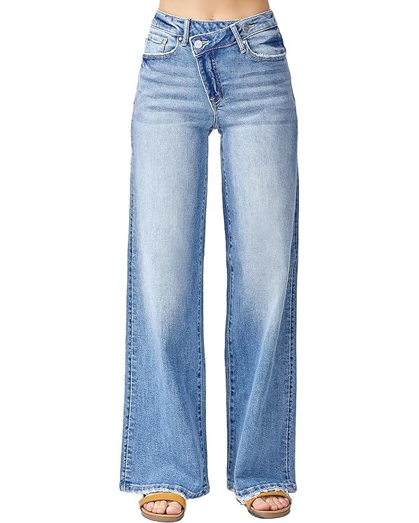 SALT TREE Risen Jeans - Mid Rise Crossover Wide Leg Jeans - RDP5281 | Amazon (US)