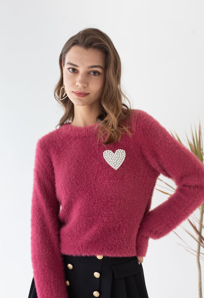 Pearly Heart Patch Soft Fuzzy Knit Sweater in Berry | Chicwish
