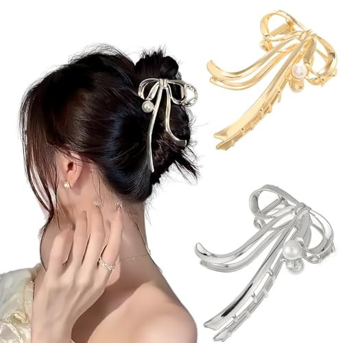 MEEKEST 2CS 4.3" Metal Hair Clips for Women - Bow Claw Clips in Gold and Silver, Butterfly Strong Hold Jaw Clips for Hair Accessories | Amazon (US)