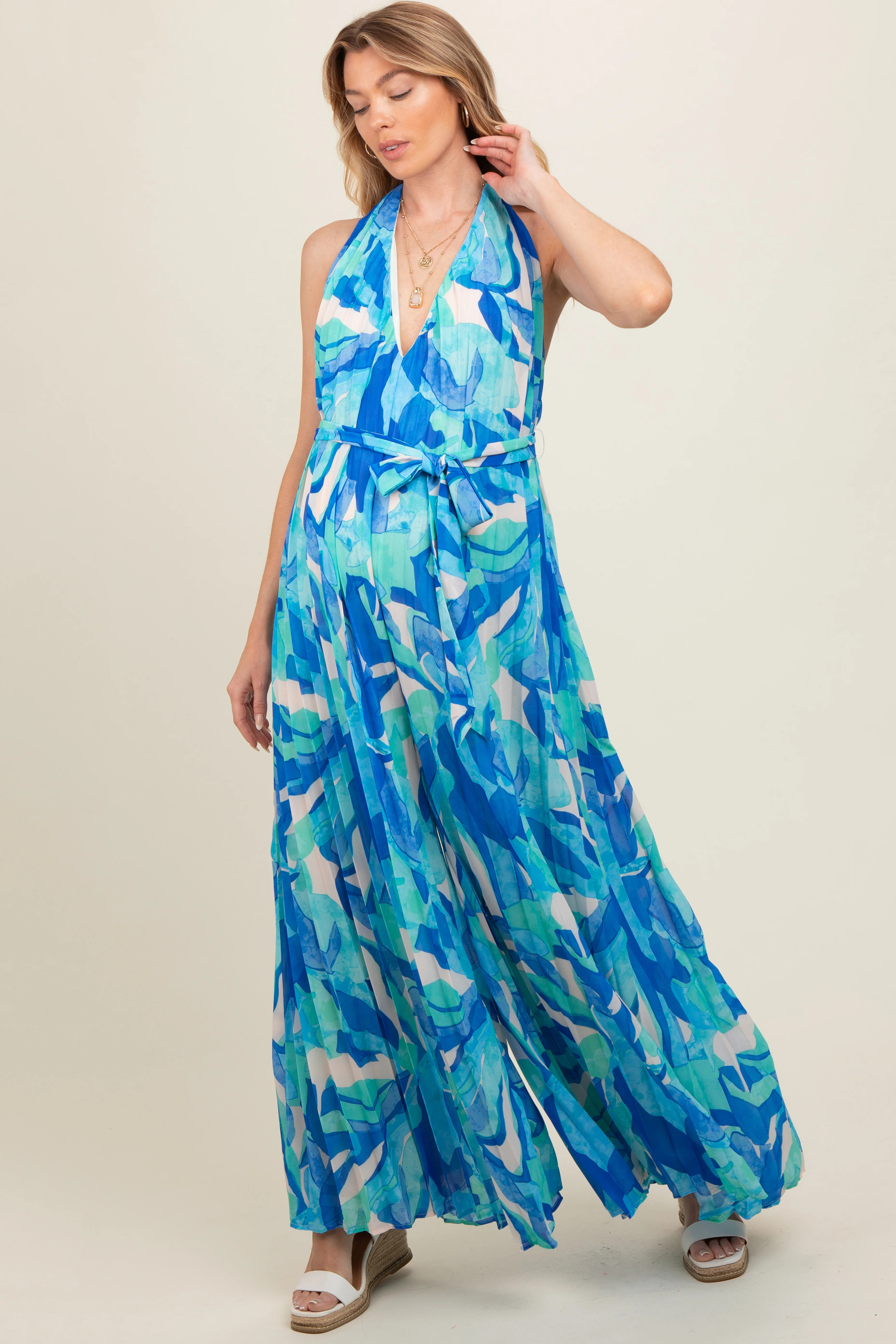 Blue Printed Halter Neck Wide Leg Maternity Jumpsuit | PinkBlush Maternity